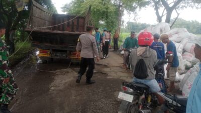 Gegara Jalan Berlubang, Truk Muatan Kotoran Ayam Terguling di Winong