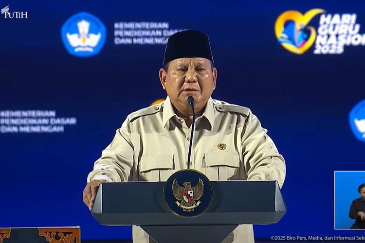 Presiden Republik Indonesia Prabowo Subianto menyampaikan pesan tegas kepada para guru di seluruh Indonesia agar tidak ragu (Sumber foto : Kompas.com)